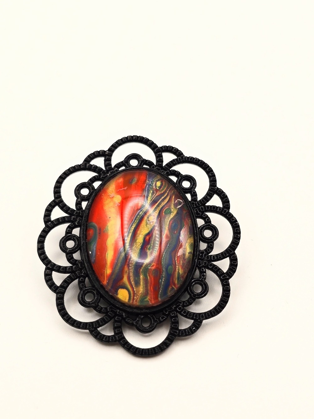 Black Filigree Brooch with Multicolor Oval Cabochon - Picture 2 of 4